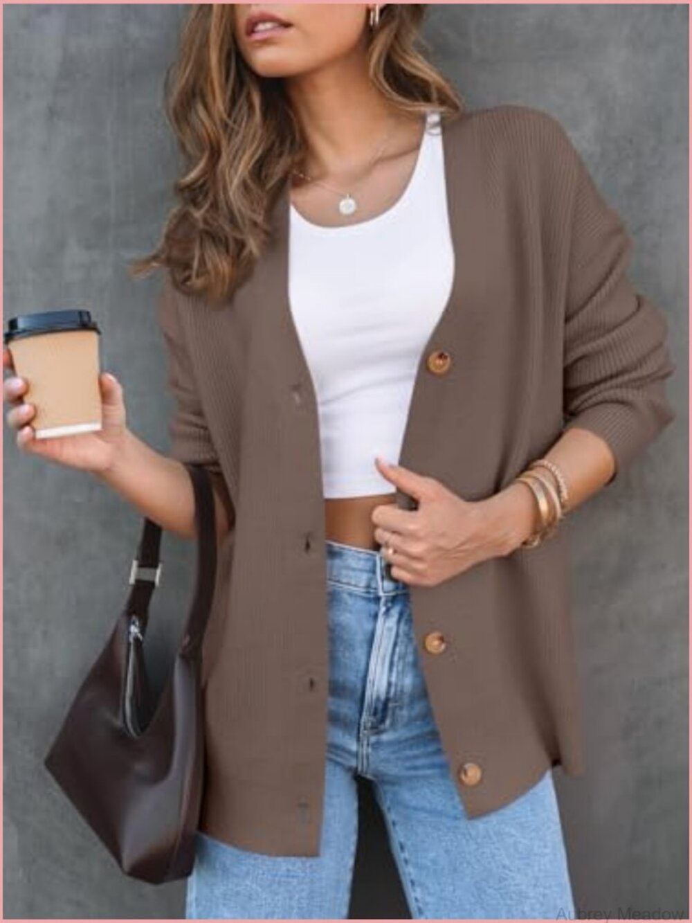 Oversized Knit V-Neck Button Front Cardigan Sweater - Picture 2 of 7